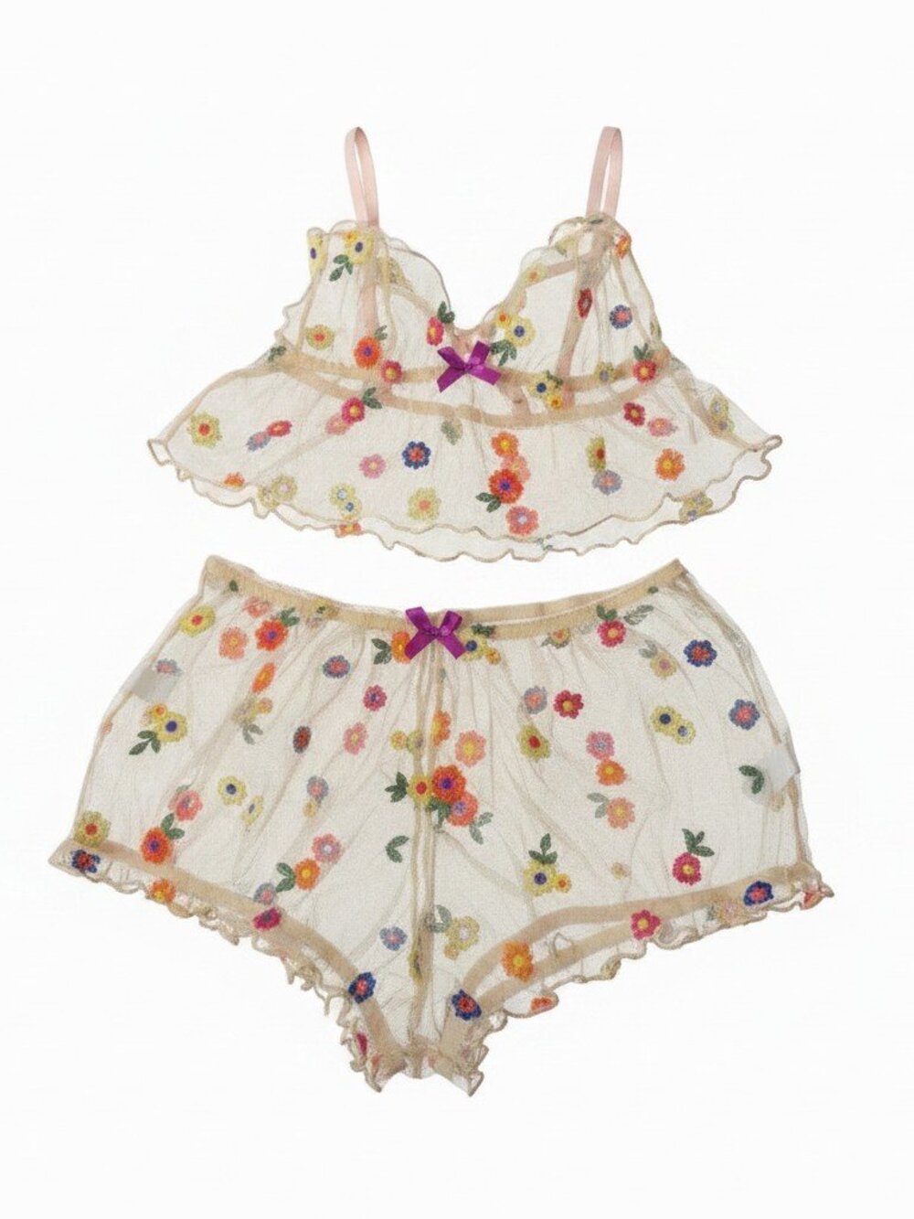 Embroidered Floral Mesh Skirt with‎ Colorful Flowers